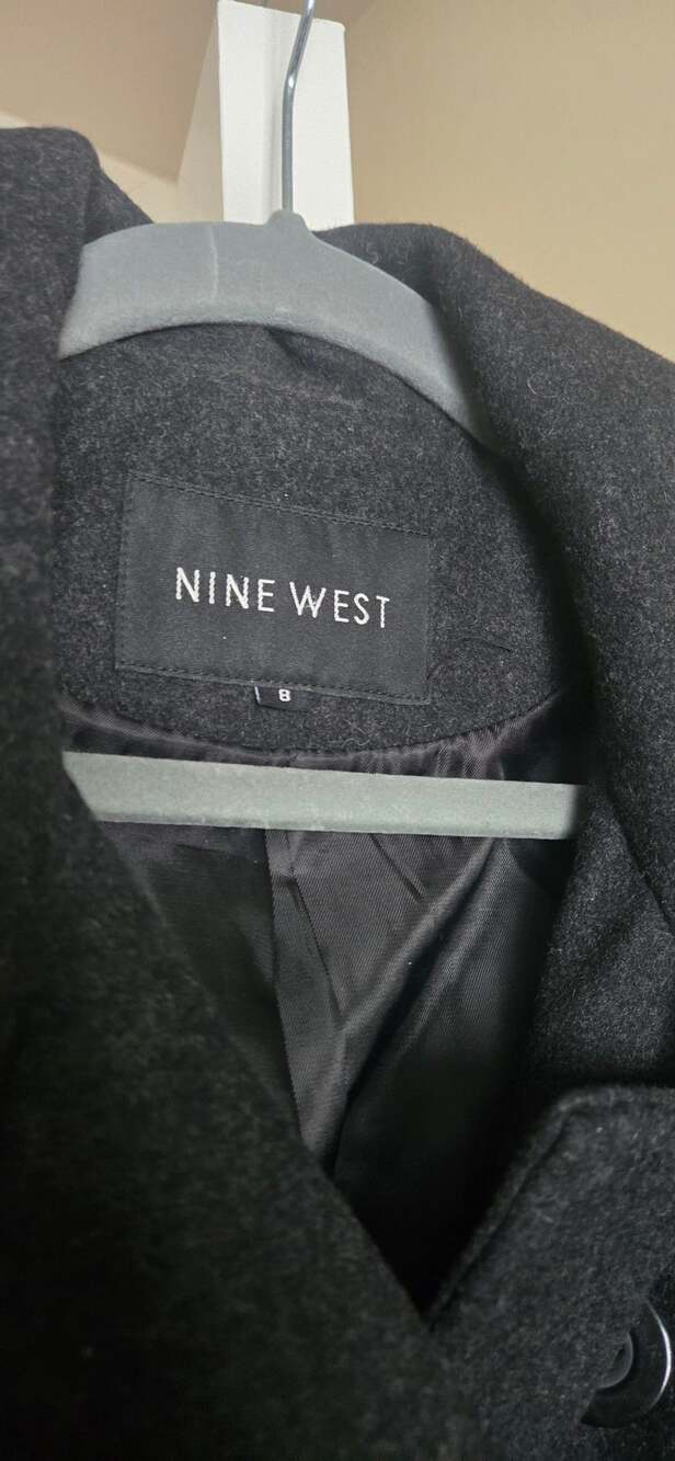 Nine West Pea Coat Size 8 Charcoal Black Wool Blend Double Breasted